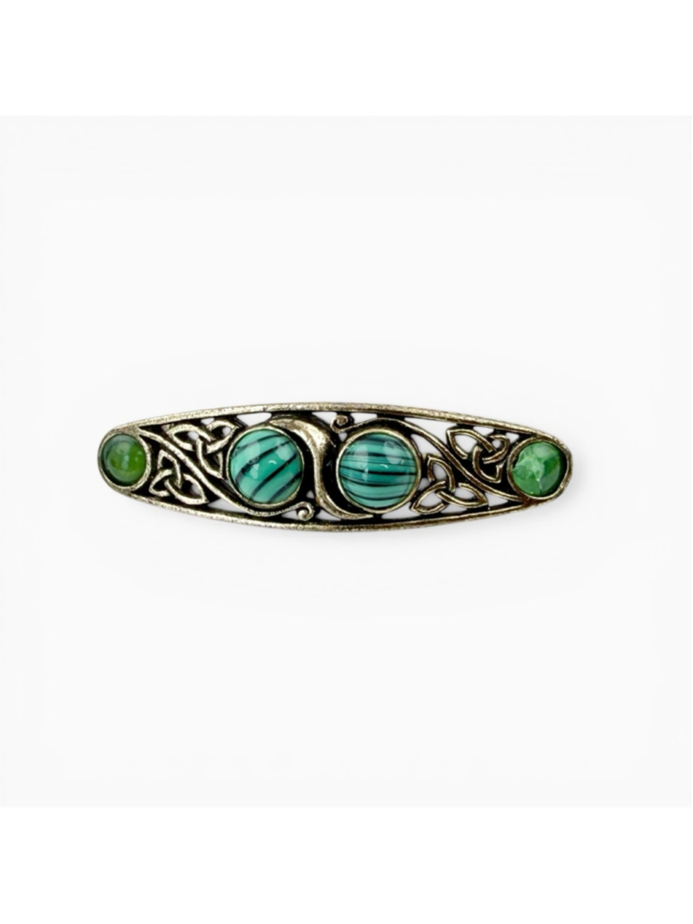 Vintage Celtic Trinity Knot Brooch Green Uranium Glass Cabochon Bar Pin Irish